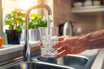 A person filling a glass of water from a kitchen faucet
