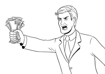 Shouting man with money in hand coloring retro PNG illustration. Isolated image on white background. Comic book style imitation.