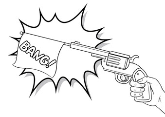 Pistol with white flag imitation shooting coloring retro PNG illustration. Comic book style imitation.