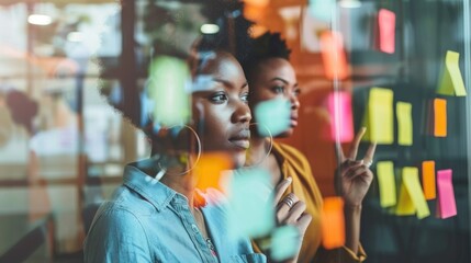 Obraz premium A side view through glass of freelance workers engaged in creative discussions and problem-solving on various tasks. 