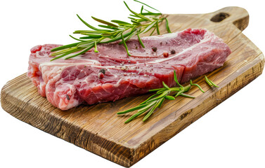 Raw steak cuts with fresh herbs on rustic wooden board cut out png on transparent background