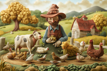 Clay character illustration of a farmer tending to animals on a farm, with cows, chickens, and a barn in the background - obrazy, fototapety, plakaty