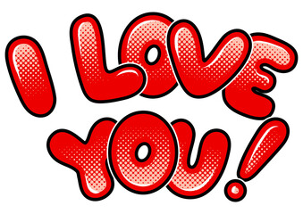 I love you words pop art retro PNG illustration. Isolated image on white background. Comic book style imitation.