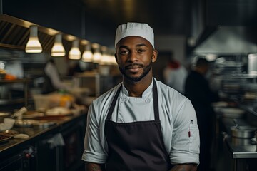 Portrait of a young black male chef in commercial kitchen