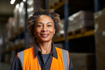 Portrait of a middle aged black female forklift worker in warehouse - Powered by Adobe