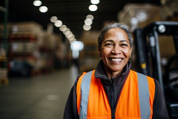 Portrait of a middle aged black female forklift worker in warehouse