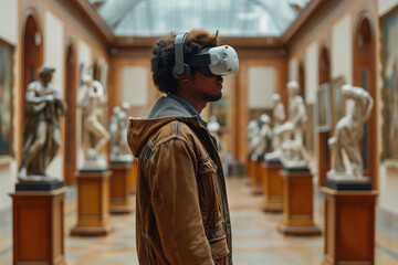A museum curator wearing a VR headset arranges virtual sculptures and paintings in an empty gallery space, experimenting with different exhibition layouts
