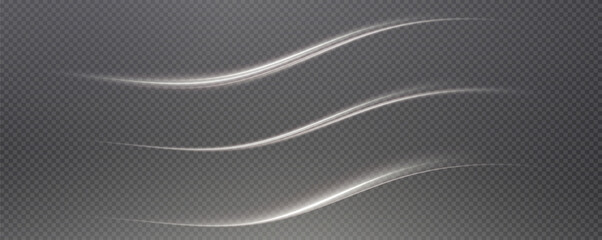 Vector png background with white glowing lines. White glowing lines of speed. Light glow effect. Light trail wave, fire trail line and glow curve swirl.