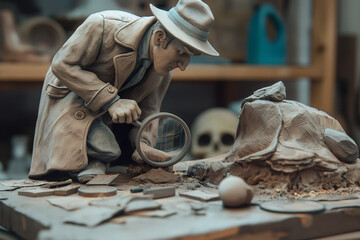 Clay character illustration of a detective with a magnifying glass, wearing a trench coat and hat, investigating a crime scene with clues around
