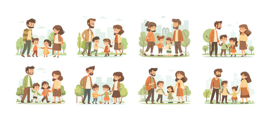 Urban park family cartoon vector scenes. Mom dad son daughter group crowd happy people casual clothes characters, city horizon trees grass elements, illustrations isolated on white background