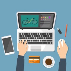  lavoro designer, persona seduta sul tavolo che lavora tramite laptop vendita colori bike  - illustrazioni