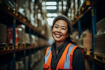 Fototapeta premium Portrait of a middle aged asian female warehouse worker