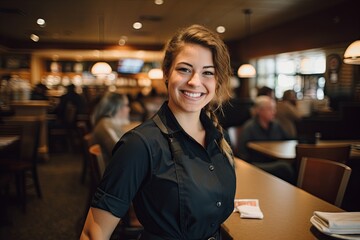 Portrait of a smiling waitress at a busy restaurant
