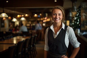 Portrait of a smiling waitress at a busy restaurant