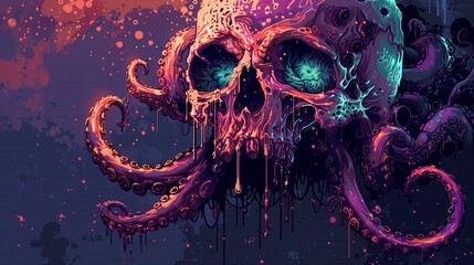 Design a pixelated skull with writhing tentacles and oozy slime for a unique and sinister look.