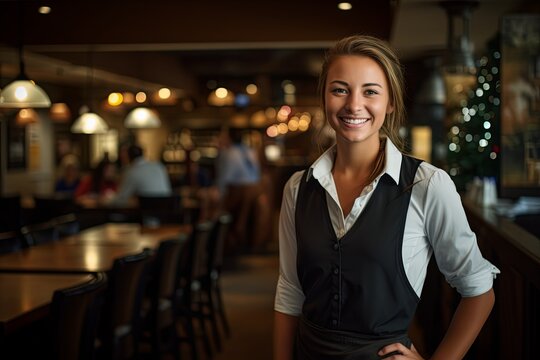 Portrait of a smiling waitress at a busy restaurant