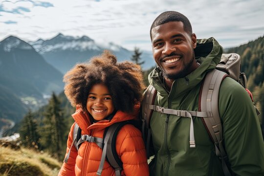 Portrait of a family taking a hiking selfie