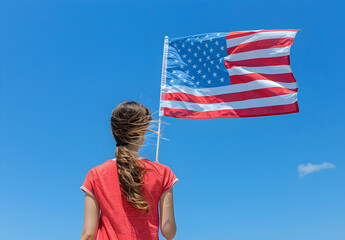 Woman holding the national flag of the USA against the blue sky, representing the 4th of July, USA Independence Day.