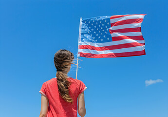 Naklejka premium Woman holding the national flag of the USA against the blue sky, representing the 4th of July, USA Independence Day.