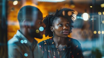A view through glass of two confident businesspersons, a male and a female, collaborating on a project and sharing ideas.