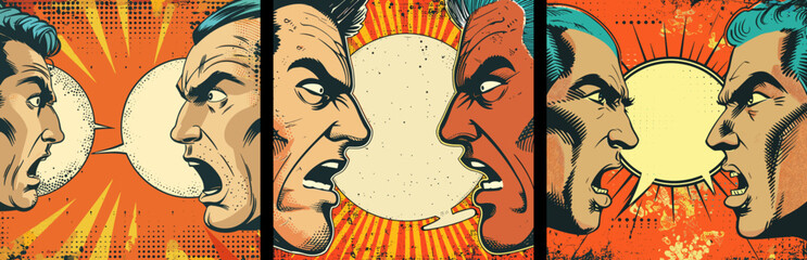 Versus men debate pop art vector concepts. Arguing people evil faces profile comic empty speech bubble characters abstract background posters