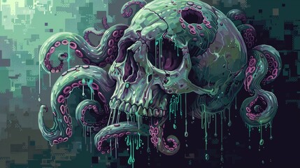 Design a pixelated skull with writhing tentacles and oozy slime for a unique and sinister look.