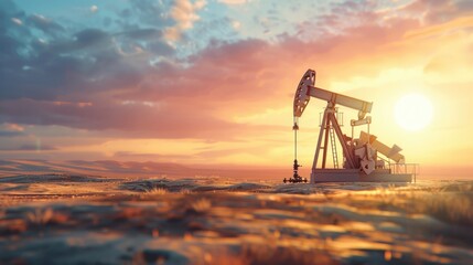 Oil pump in desert at sunset.