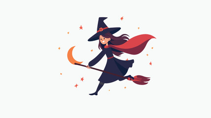 Cute little witch girl in the witches hat flying fast