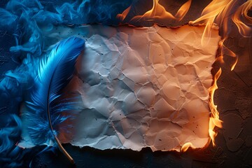 The ethereal feather glided gracefully over the sheet of paper, leaving a trail of mesmerizing blue flames in its wake.