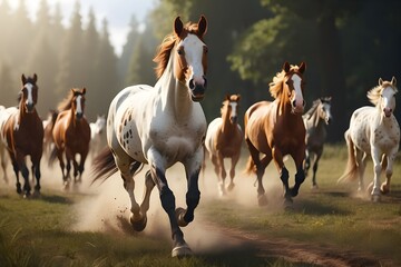 Realistic 8K landscape photo of an American Paint Horse running with herd - generated by artificial intelligence - obrazy, fototapety, plakaty