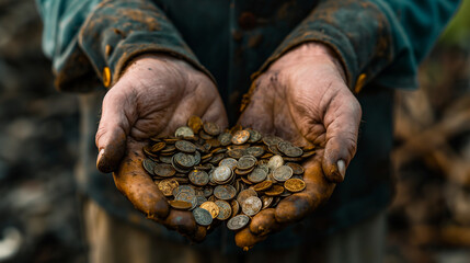 Reife dreckige Männerhände mit alten Münzen und Geld als Zahlungmittel im Mittelalter, ai generativ - obrazy, fototapety, plakaty