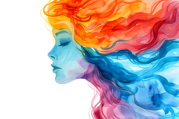 Abstract watercolor female face with bright colorful hair on a white background, mental health awareness month concept.