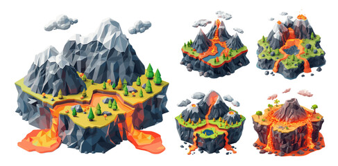 Volcanoes eruption isometric vector set. Rock stone lava magma land disaster trees grass mountains clouds elements isolated concepts
