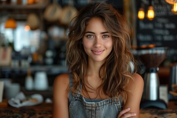 A woman with electric blue eyes and brown hair is sitting at a bar, smiling with her arms crossed. Her hairstyle is fun and she exudes beauty among the people around her