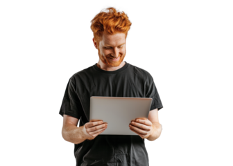 Redhead Man with Laptop on Transparent