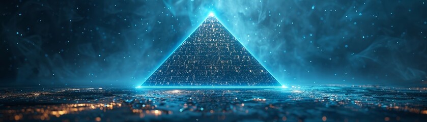 Blue neon lights illuminating a mysterious pyramid, blending futuristic and ancient elements. - obrazy, fototapety, plakaty