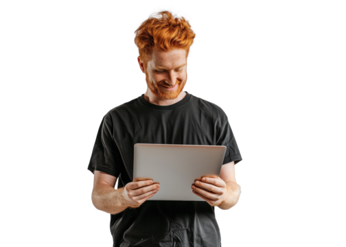 Redhead Man with Laptop on Transparent