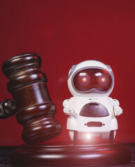 Judge Hammer for adjudication to the Real Robot. Lawyer decision about Digital  assistant. Law and justice. Court of law. Pronouncing sentence to the AI Artificial Intelligence.
