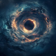 The captivating depiction of a black hole, framed within the vast expanse of the cosmos, illustrates the mysterious and infinite characteristics of the universe. - obrazy, fototapety, plakaty