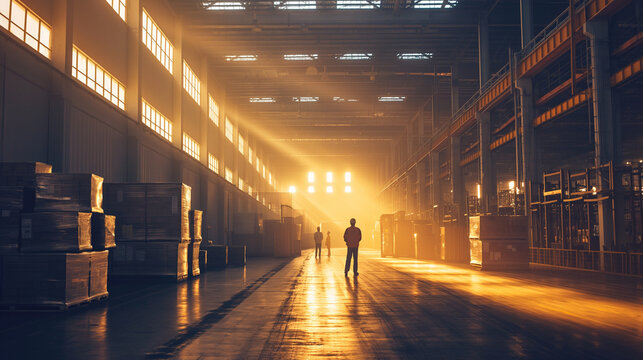 A group of workers in a large warehouse managing logistics and inventory, illuminated by shafts of light coming through high bay windows. The long shadows create a rhythm of light