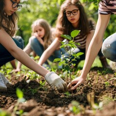 A group of young people plant trees to reduce global warming
