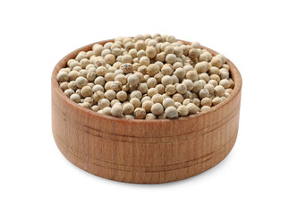 Aromatic spice. Many peppercorns in bowl isolated on white