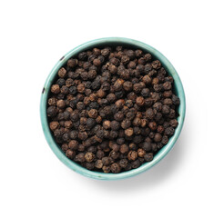 Aromatic spice. Many black peppercorns in bowl isolated on white, top view