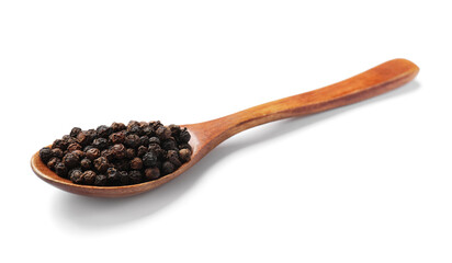 Aromatic spice. Many black peppercorns in spoon isolated on white