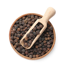Aromatic spice. Many black peppercorns in bowl and scoop isolated on white, top view