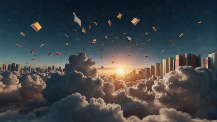 Many books and documents fell from the sky among the clouds.