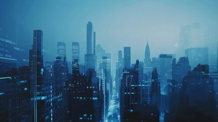 Blue double exposure of buildings, business style - obrazy, fototapety, plakaty