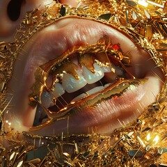 Capture the Worms-eye view martin mccartney beauty LP in a hyperrealistic illustration Include teethcore elements with gold accents for an aggressive digital rendering Create a contemporary grotesque - obrazy, fototapety, plakaty