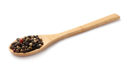 Aromatic spices. Different peppers in wooden spoon isolated on white