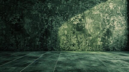 A dark, green, concrete room with a spotlight in the corner. - obrazy, fototapety, plakaty